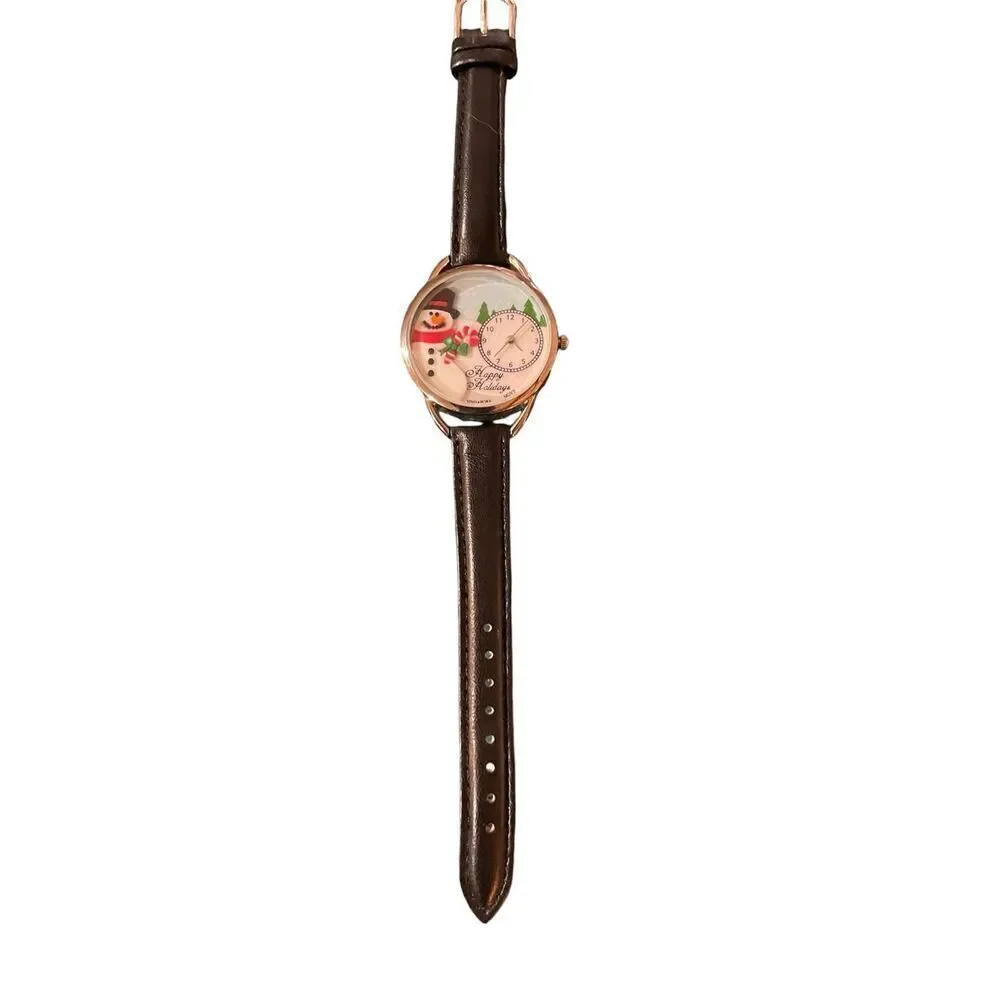 Vintage whimsical christmas snowman happy holiday 3d watch black band unisex
